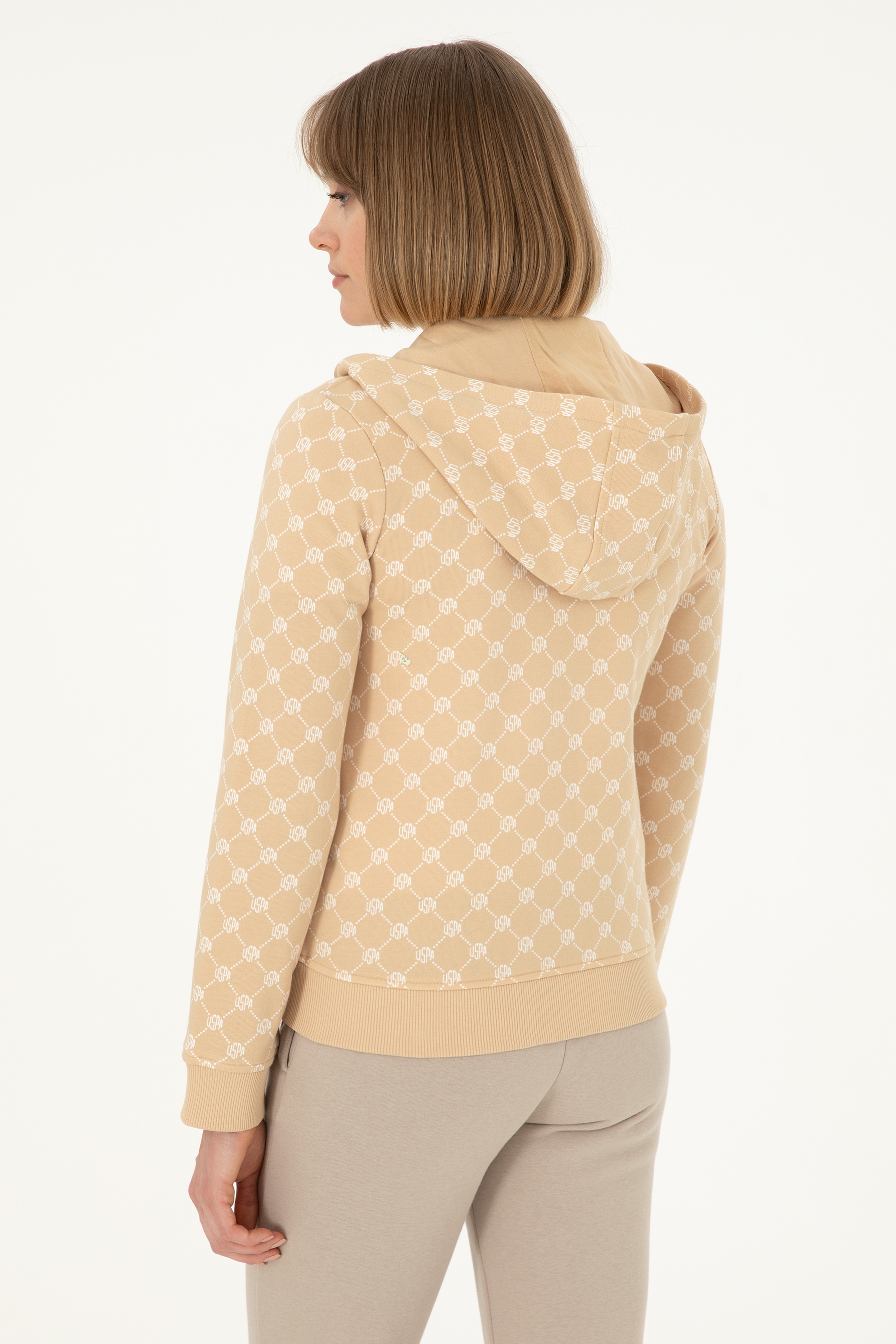 Kadın Desenli Kum Kapüşonlu Sweatshirt - Image 5