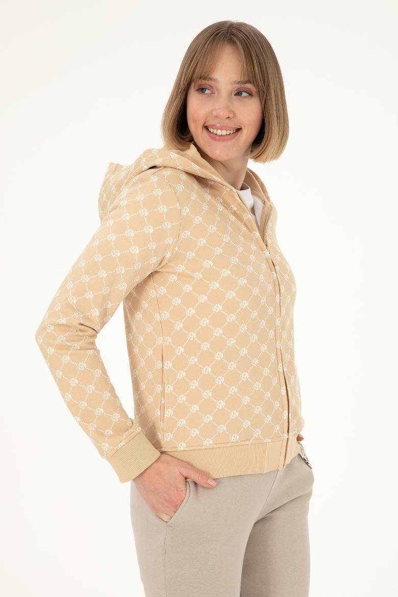Kadın Desenli Kum Kapüşonlu Sweatshirt