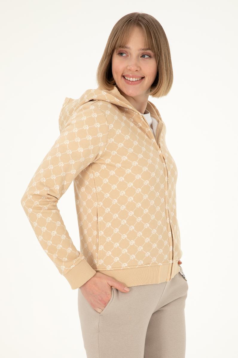 Kadın Desenli Kum Kapüşonlu Sweatshirt