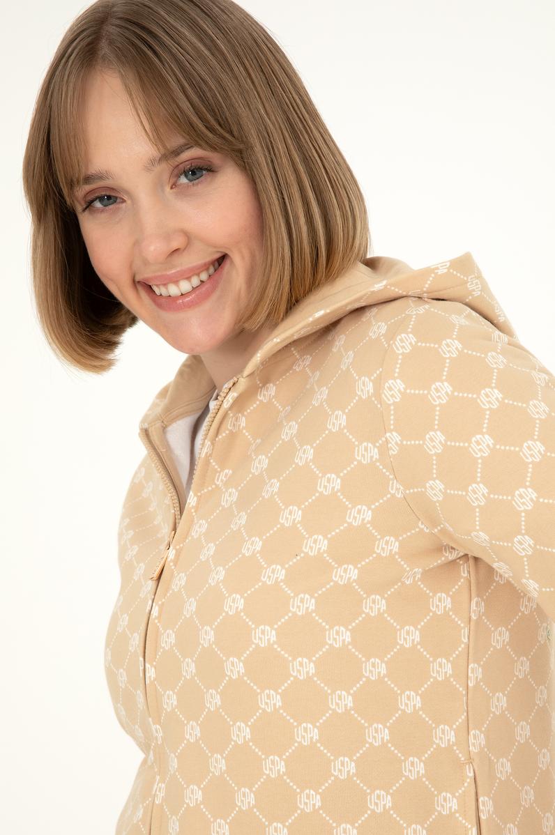 Kadın Desenli Kum Kapüşonlu Sweatshirt