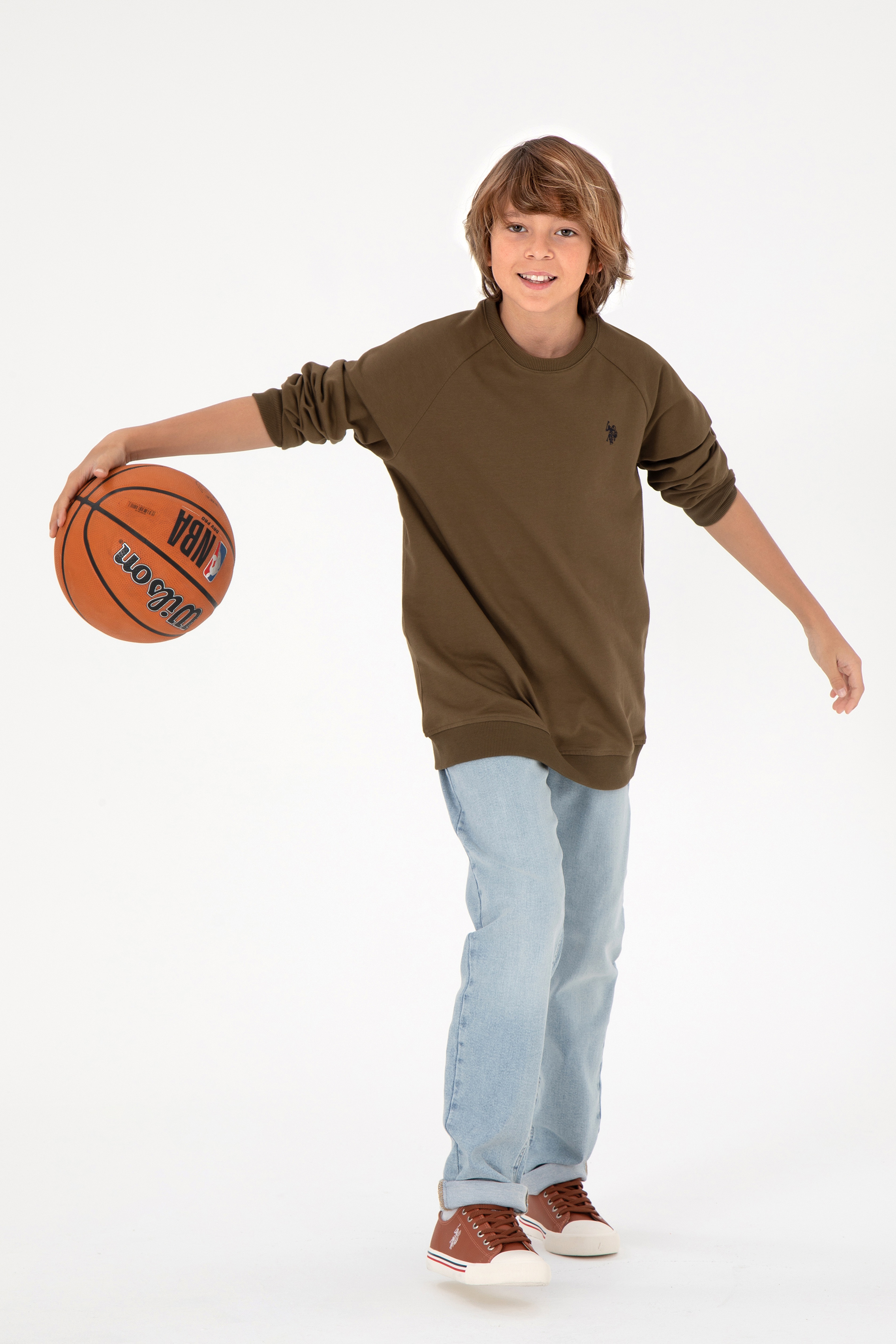 Erkek Çocuk Haki Basic Bisiklet Yaka Sweatshirt - Image 2