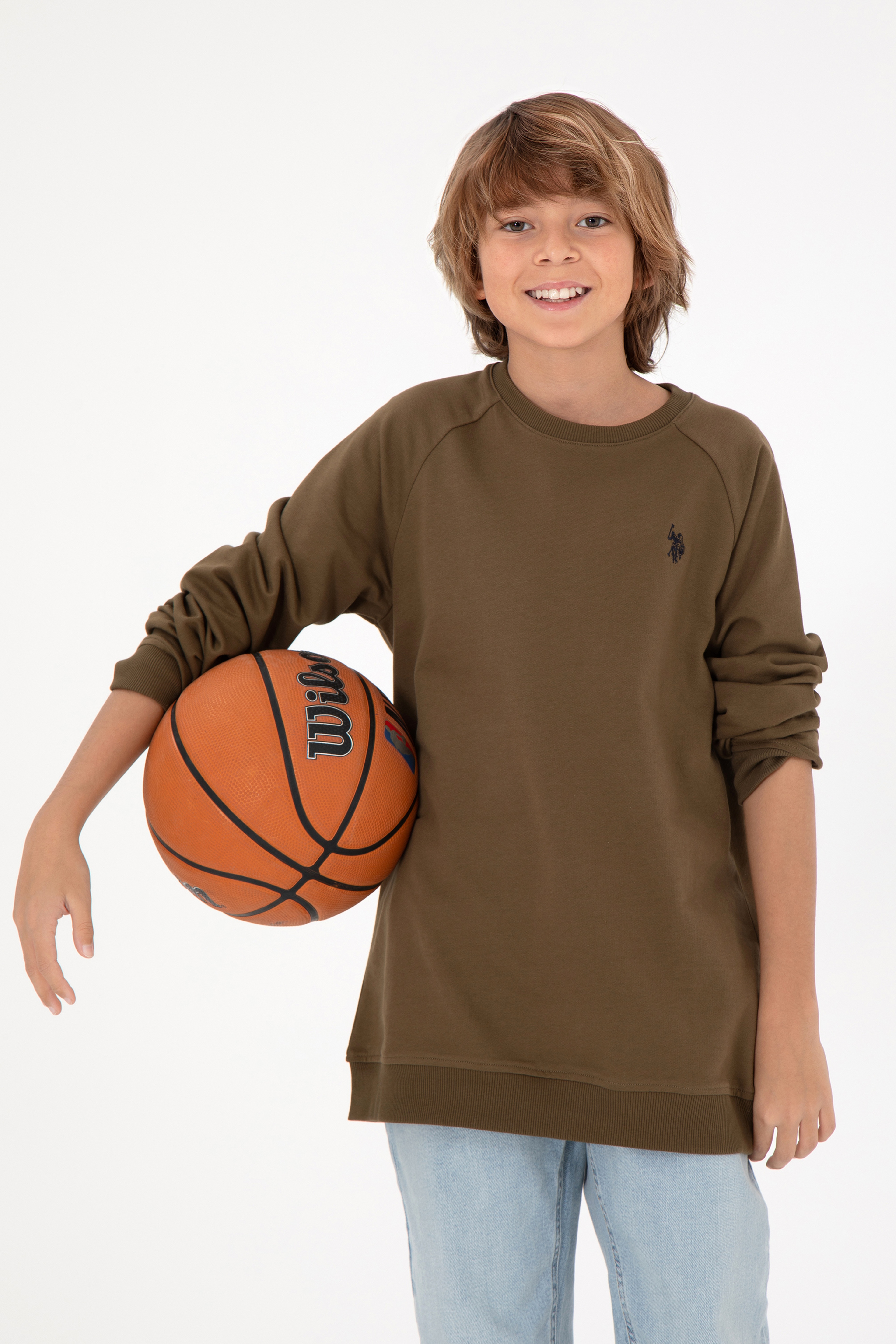 Erkek Çocuk Haki Basic Bisiklet Yaka Sweatshirt - Image 1