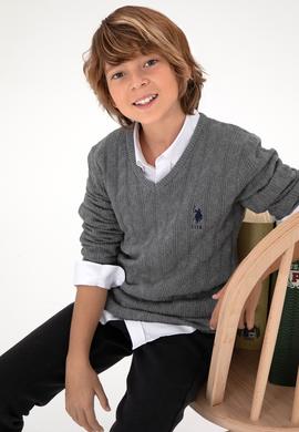 Erkek Çocuk Gri Melanj Basic V Yaka Kazak - 50293535079