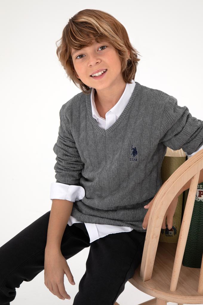 Erkek Çocuk Gri Melanj Basic V Yaka Kazak