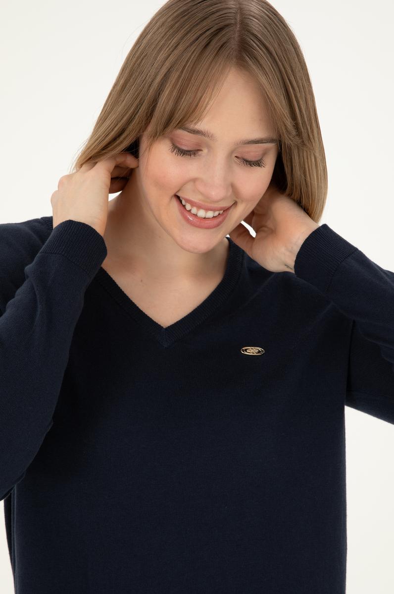 Kadın Lacivert V Yaka Basic Kazak