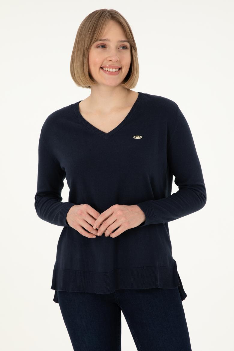 Kadın Lacivert V Yaka Basic Kazak - 50288973066