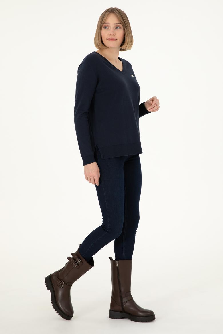 Kadın Lacivert V Yaka Basic Kazak - 50288973066