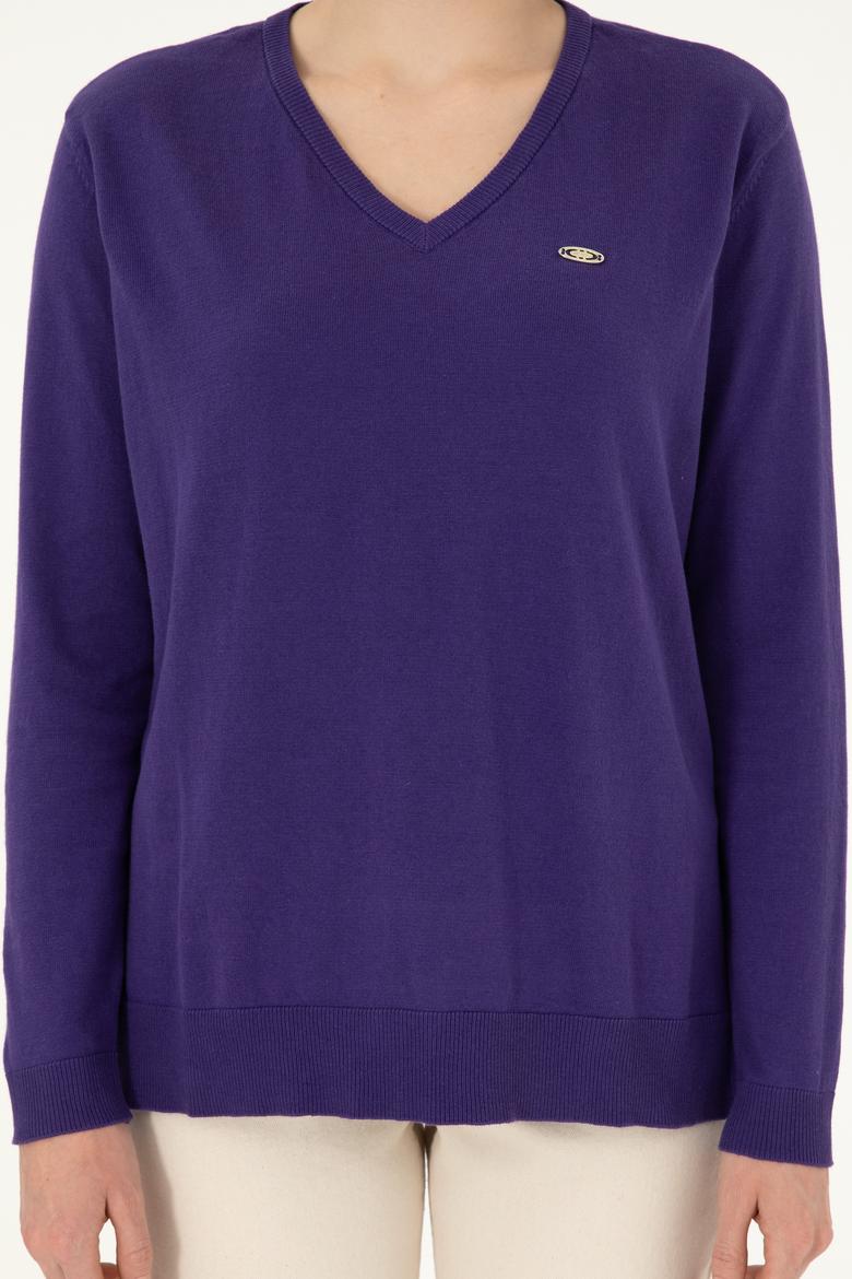 Kadın Mor V Yaka Basic Kazak - 50288973076