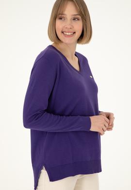 Kadın Mor V Yaka Basic Kazak - 50288973076
