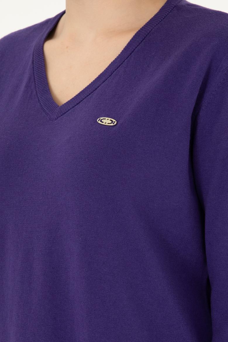 Kadın Mor V Yaka Basic Kazak - 50288973076