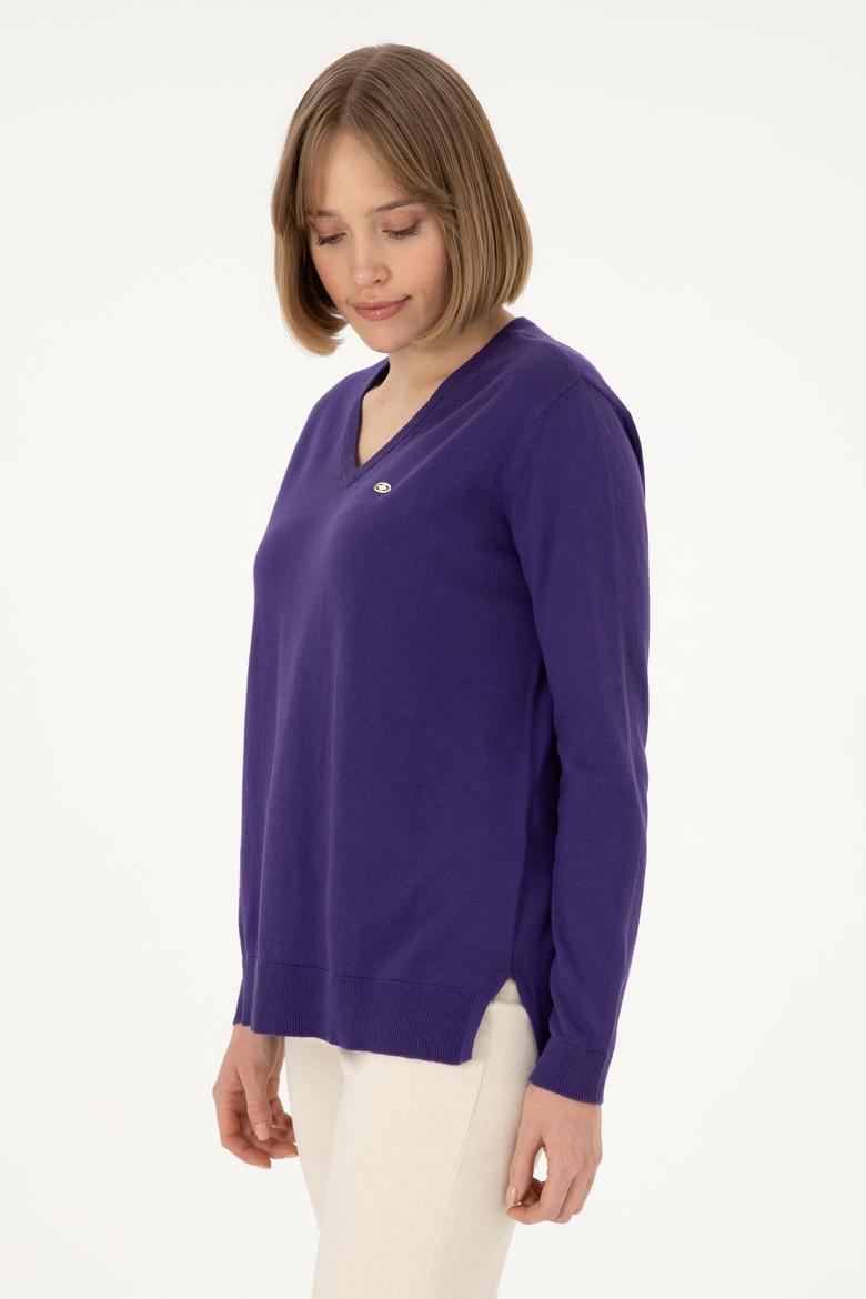 Kadın Mor V Yaka Basic Kazak