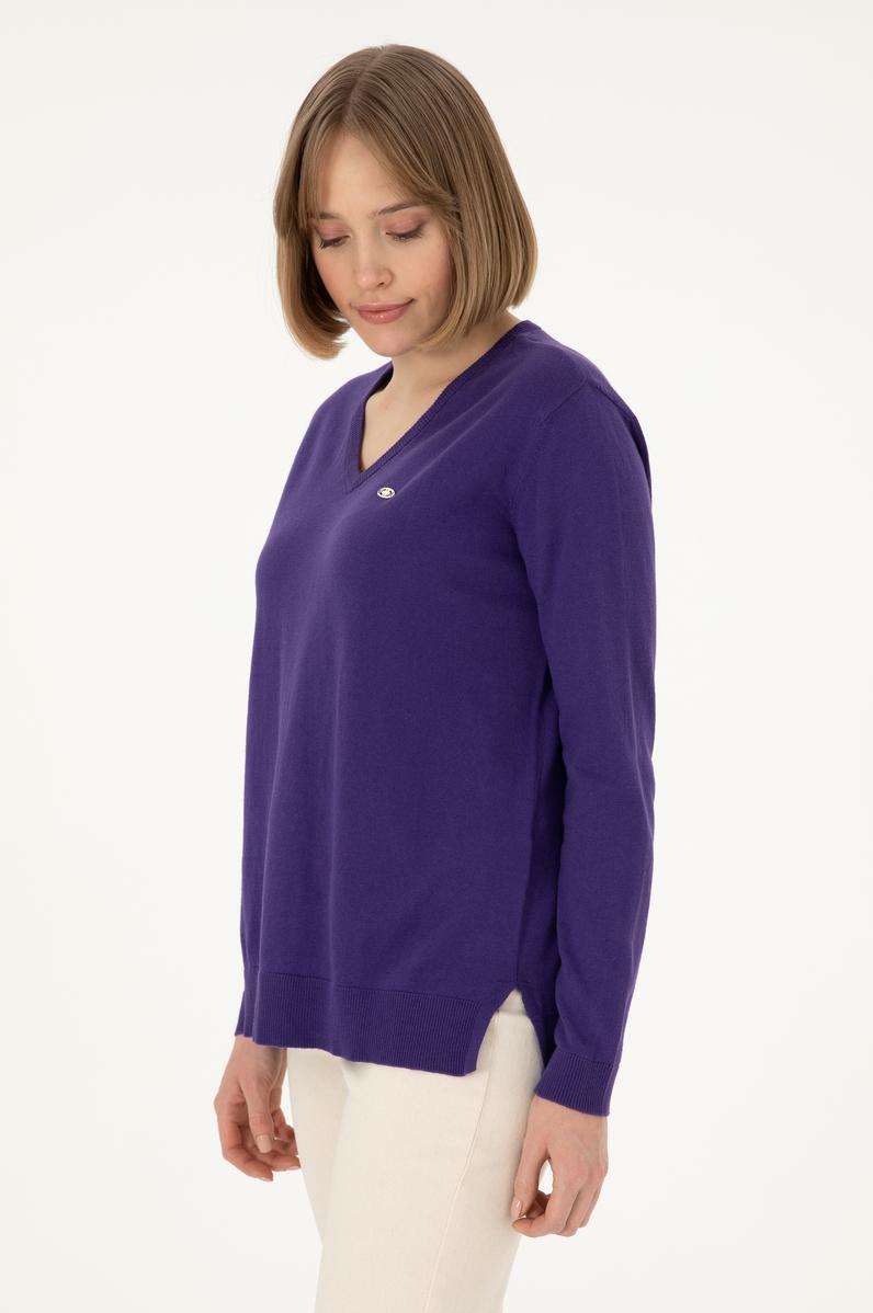 Kadın Mor V Yaka Basic Kazak
