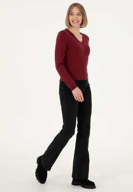 Kadın Bordo V Yaka Basic Kazak - 50288983013