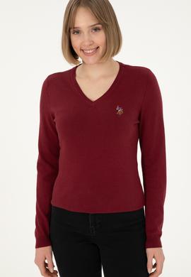 Kadın Bordo V Yaka Basic Kazak - 50288983013