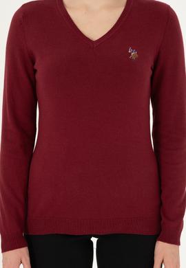 Kadın Bordo V Yaka Basic Kazak - 50288983013