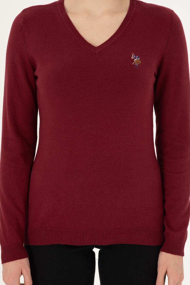 Kadın Bordo V Yaka Basic Kazak - 50288983013