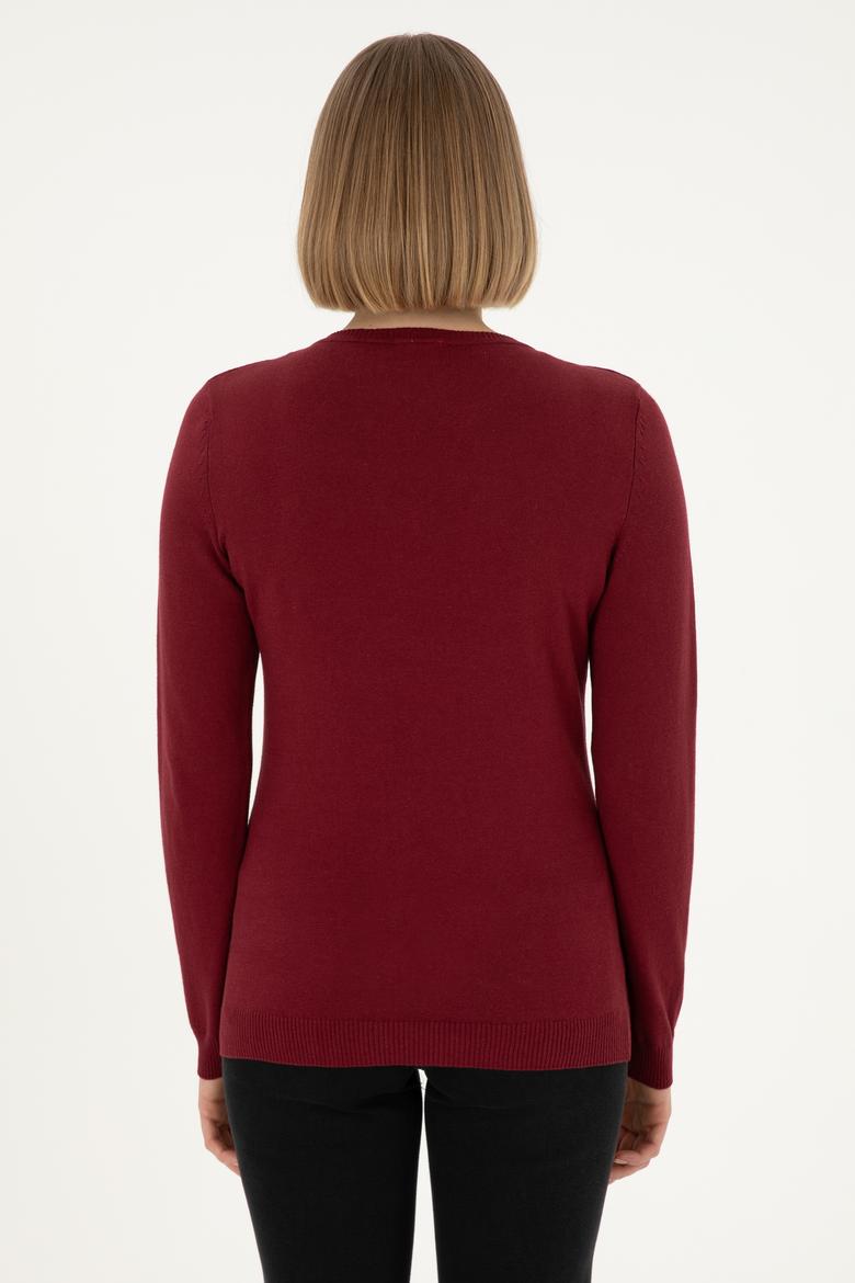 Kadın Bordo V Yaka Basic Kazak - 50288983013