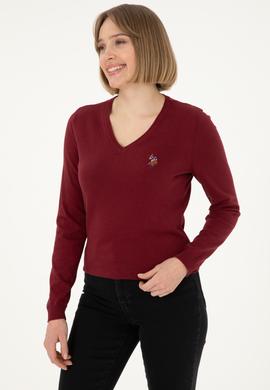 Kadın Bordo V Yaka Basic Kazak - 50288983013
