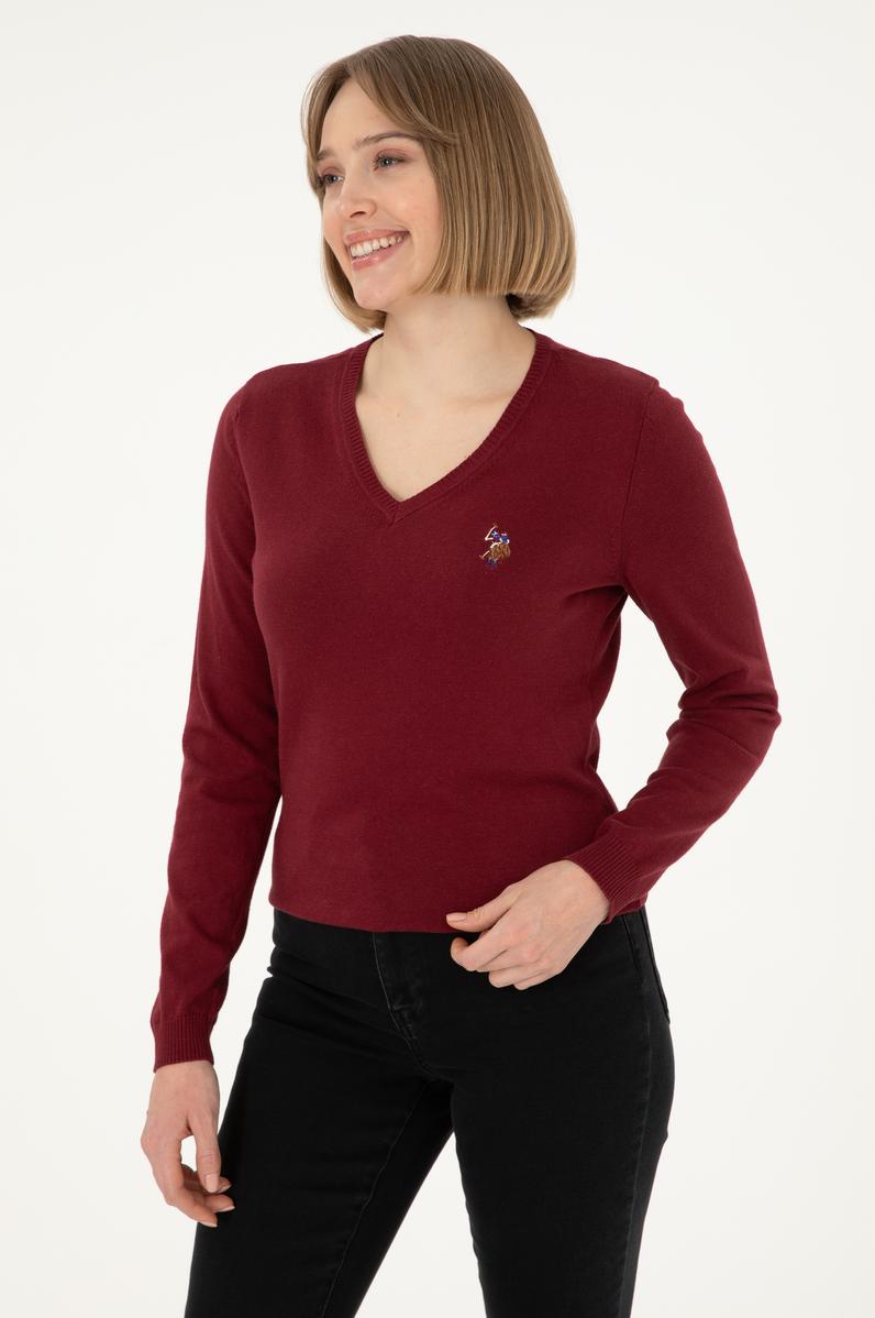 Kadın Bordo V Yaka Basic Kazak