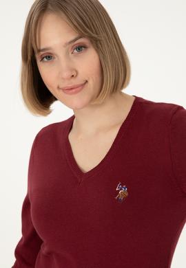 Kadın Bordo V Yaka Basic Kazak - 50288983013