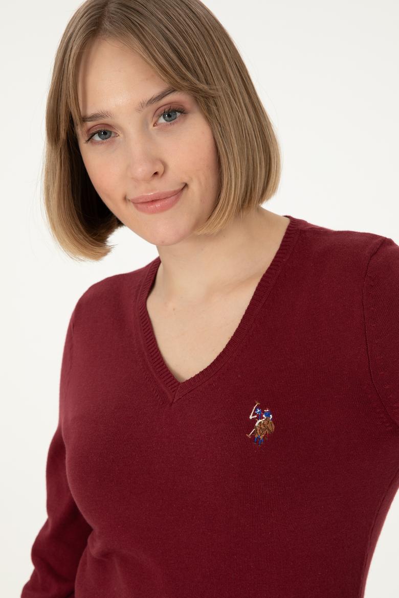 Kadın Bordo V Yaka Basic Kazak - 50288983013