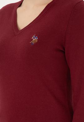 Kadın Bordo V Yaka Basic Kazak - 50288983013