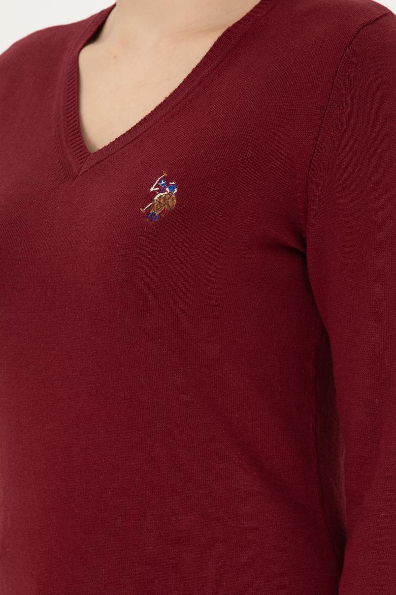 Kadın Bordo V Yaka Basic Kazak - 50288983013