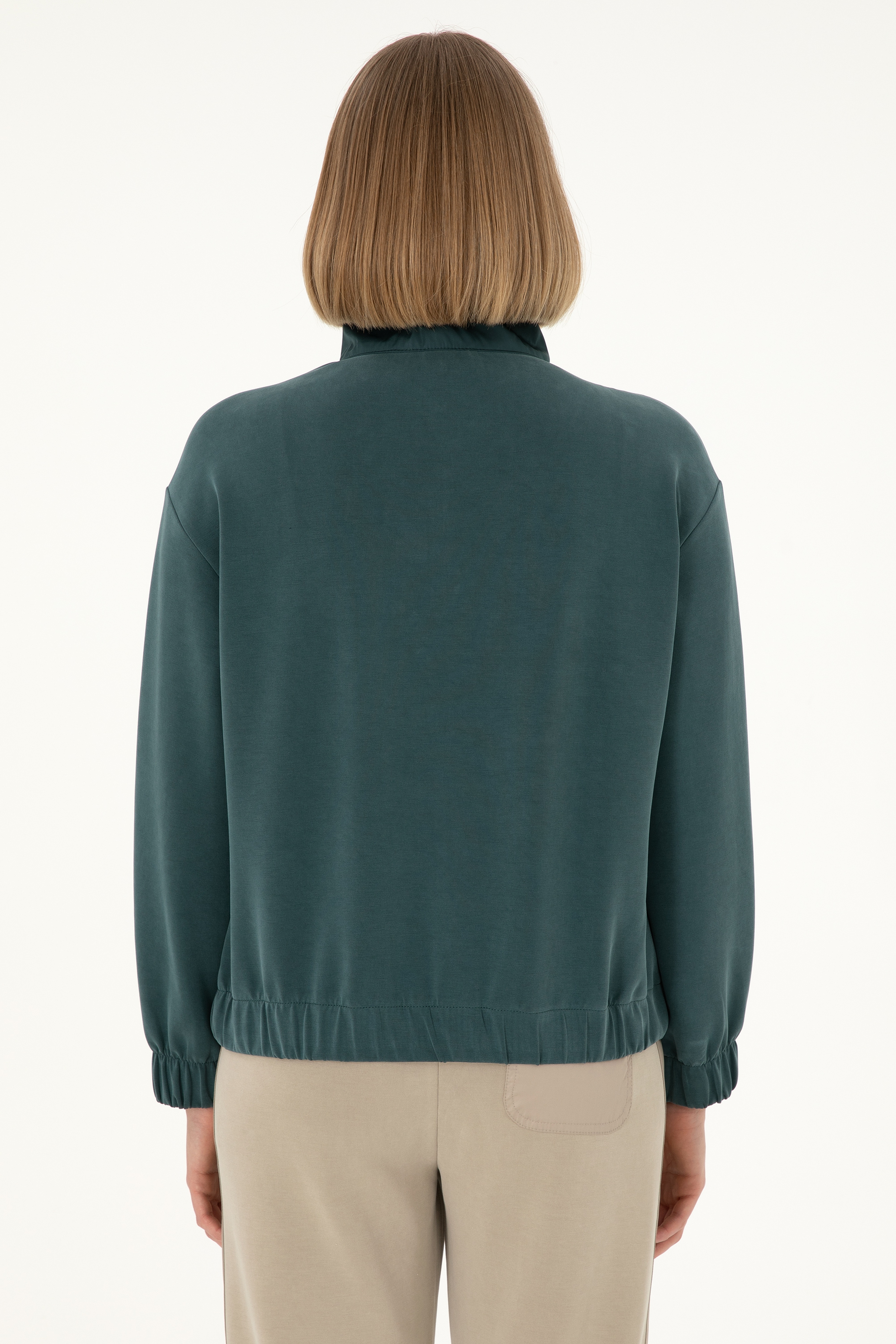 Kadın Koyu Yeşil Modal Karışımlı Fermuarlı Dik Yaka Sweatshirt