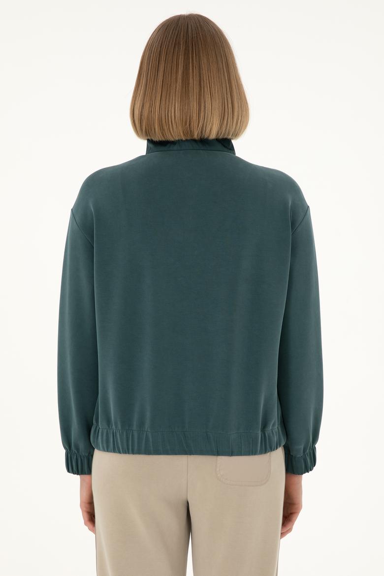 Kadın Koyu Yeşil Modal Karışımlı Fermuarlı Dik Yaka Sweatshirt - 50292356005