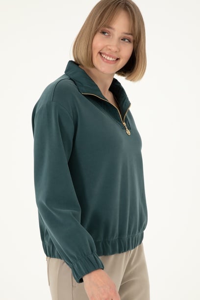 Kadın Koyu Yeşil Modal Karışımlı Fermuarlı Dik Yaka Sweatshirt