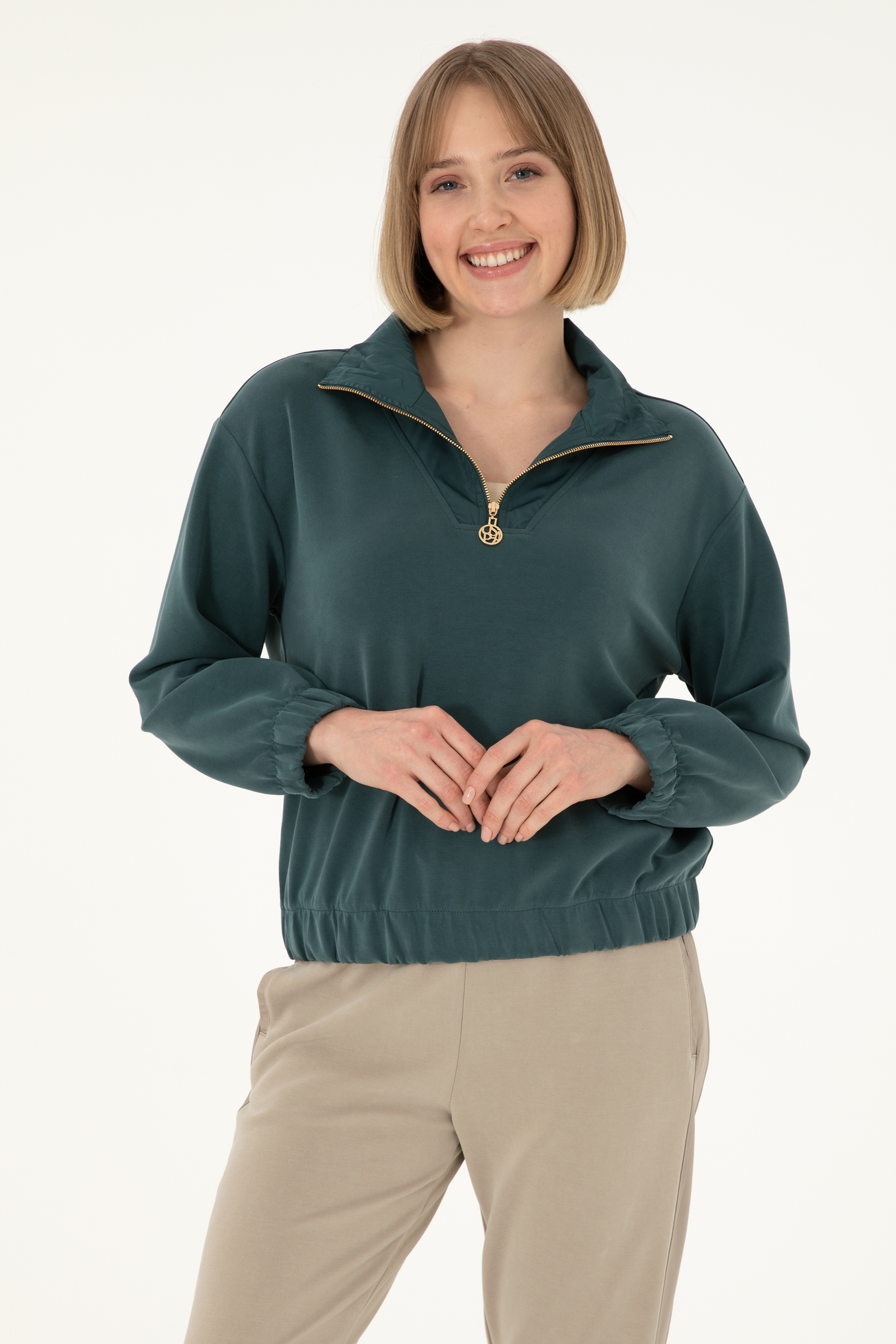 Kadın Koyu Yeşil Modal Karışımlı Fermuarlı Dik Yaka Sweatshirt - Image 1