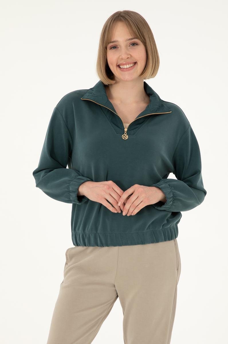 Kadın Koyu Yeşil Modal Karışımlı Fermuarlı Dik Yaka Sweatshirt