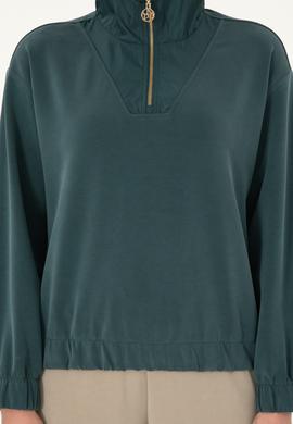 Kadın Koyu Yeşil Modal Karışımlı Fermuarlı Dik Yaka Sweatshirt - 50292356005