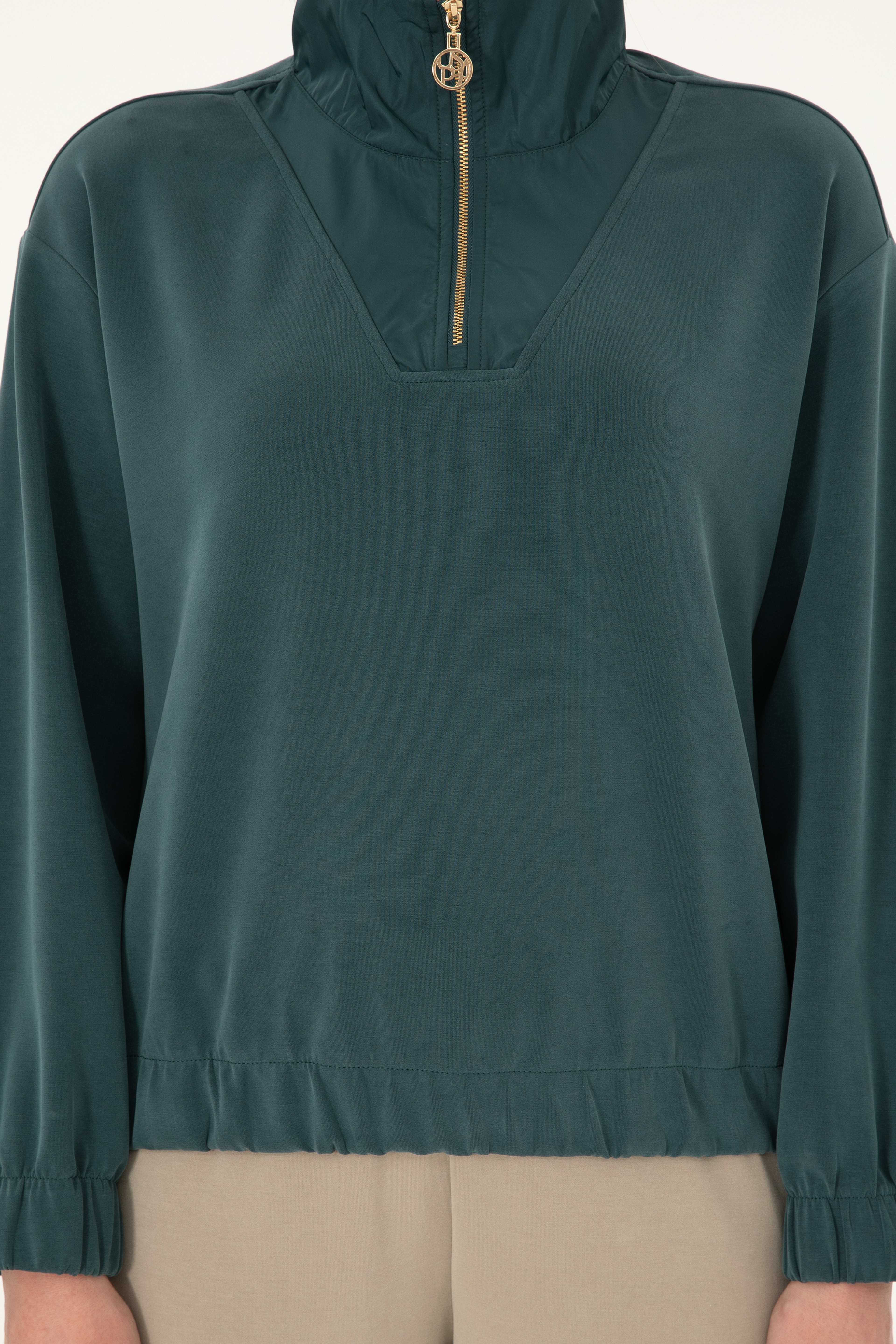 Kadın Koyu Yeşil Modal Karışımlı Fermuarlı Dik Yaka Sweatshirt