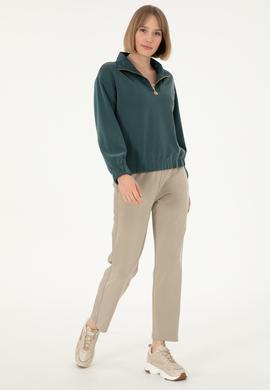 Kadın Koyu Yeşil Modal Karışımlı Fermuarlı Dik Yaka Sweatshirt - 50292356005