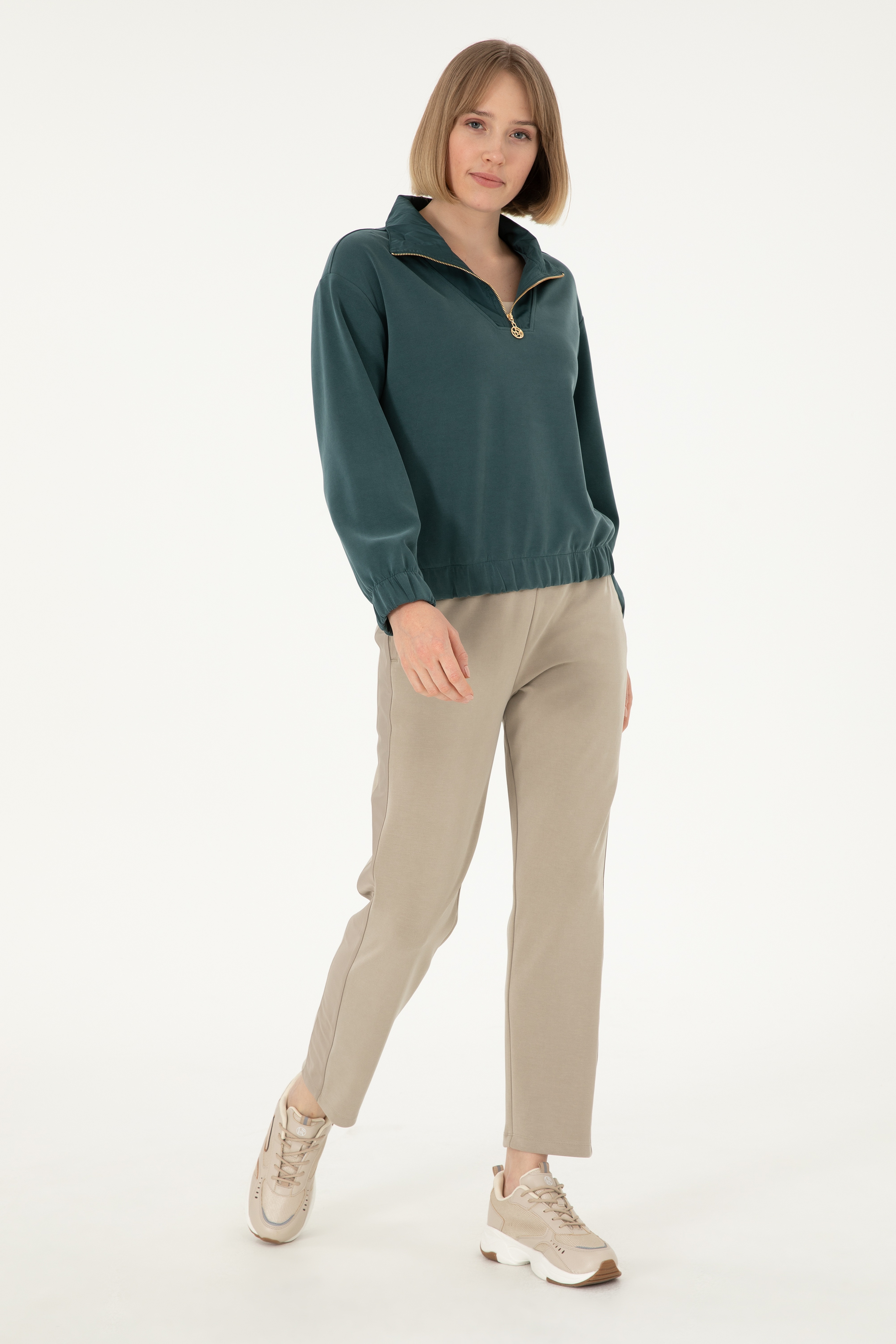 Kadın Koyu Yeşil Modal Karışımlı Fermuarlı Dik Yaka Sweatshirt