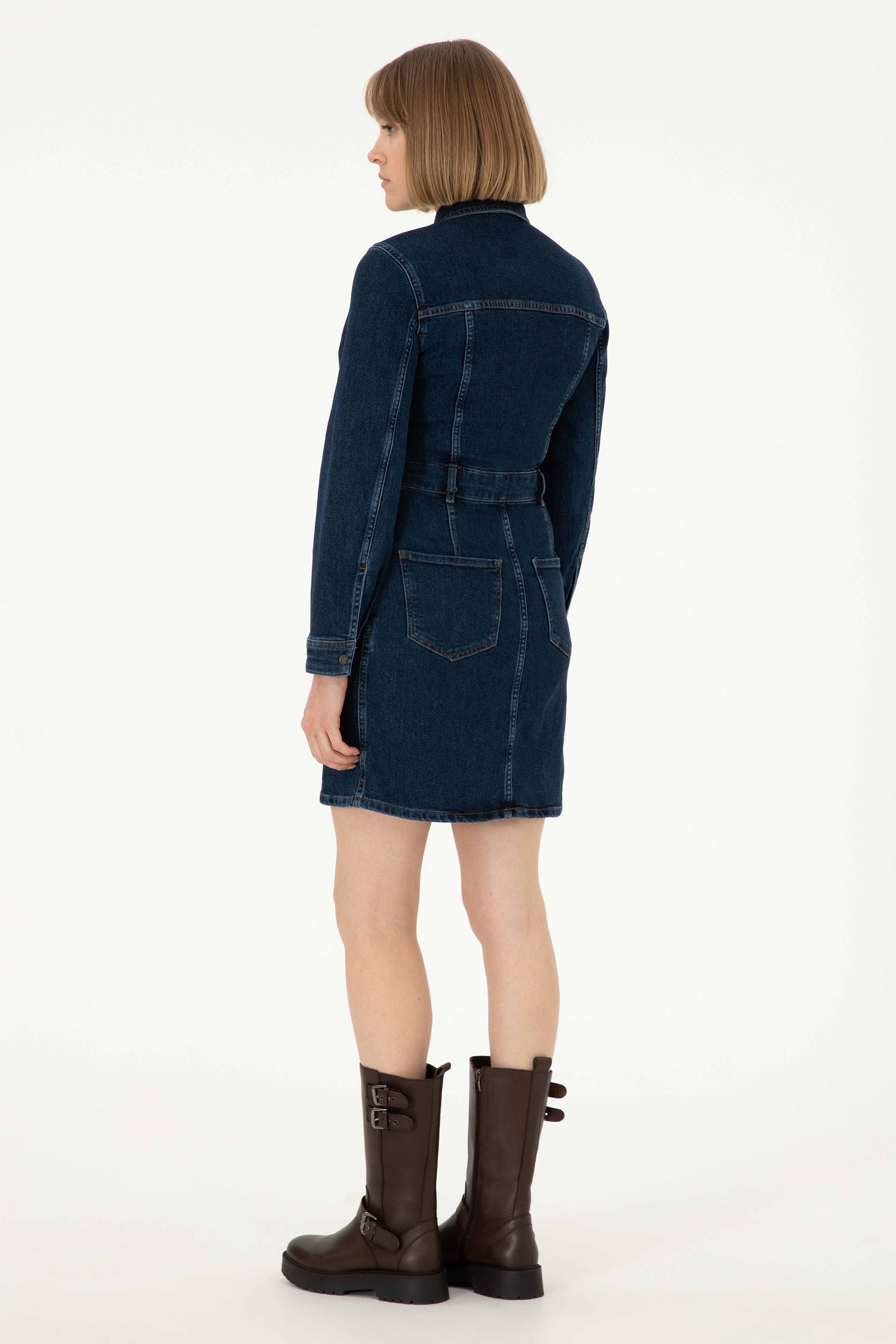 Kadın Mavi Mini Boy Jean Elbise - Image 4