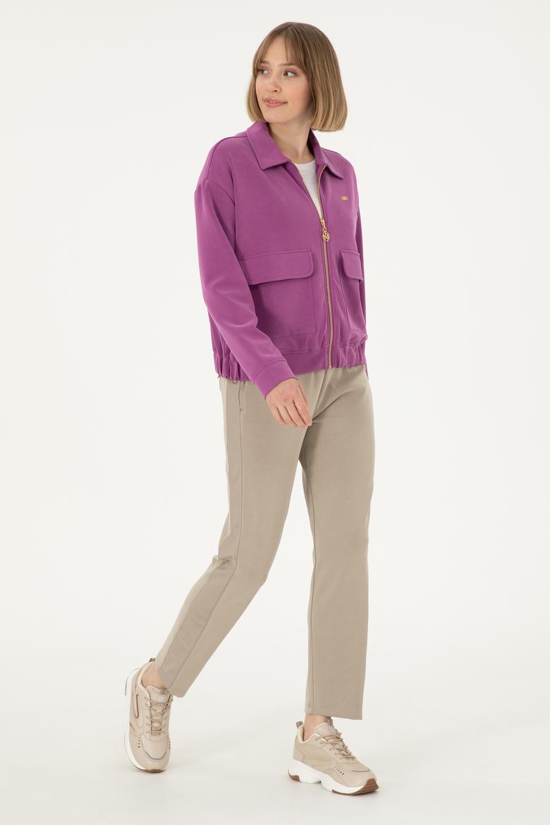 Kadın Menekşe Modal Karışımlı Fermuarlı Polo Yaka Sweatshirt - 50292358024