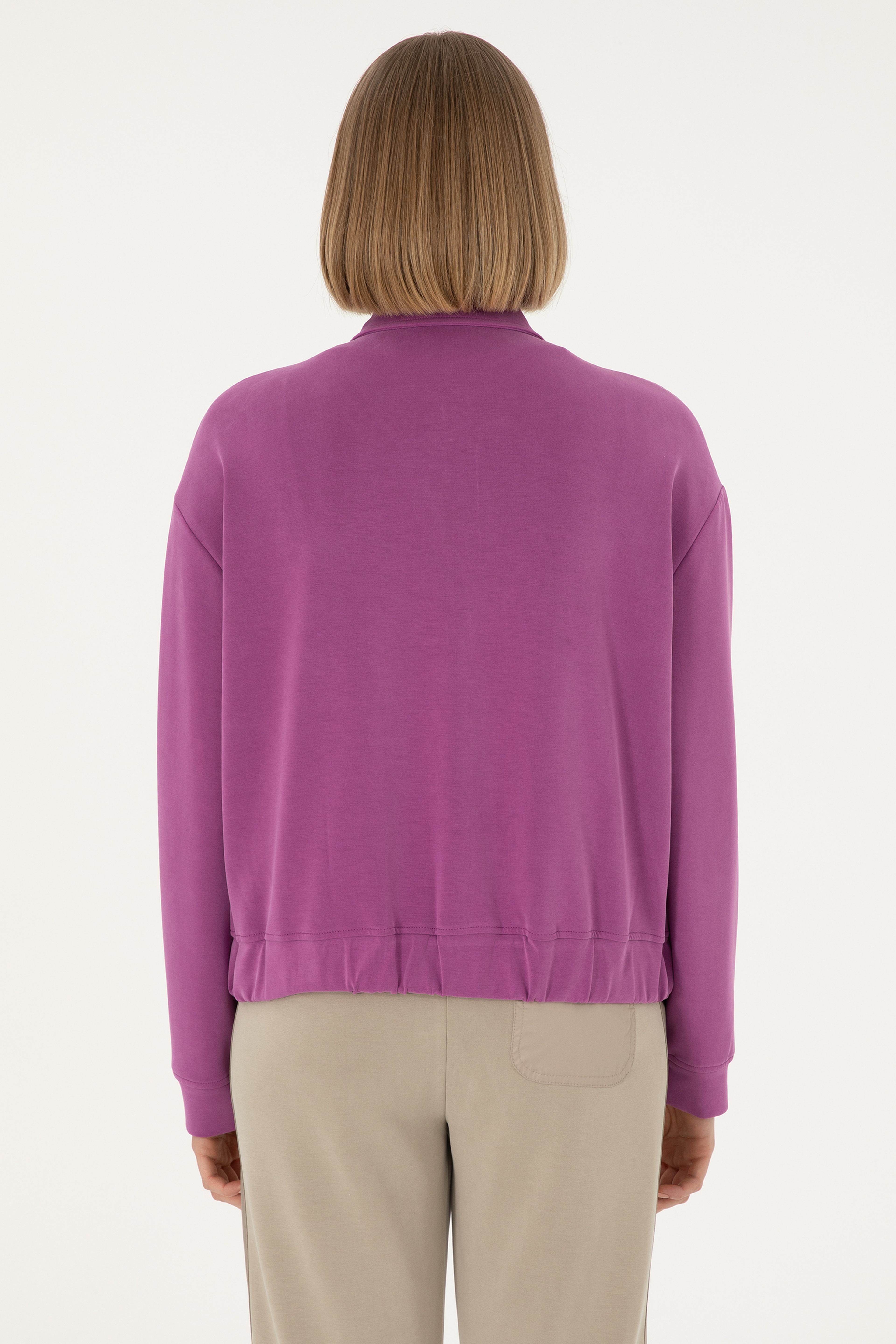 Kadın Menekşe Modal Karışımlı Fermuarlı Polo Yaka Sweatshirt - Image 5