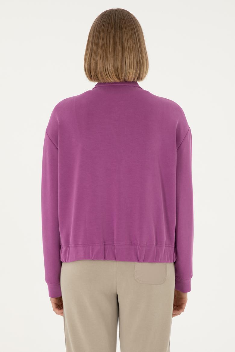 Kadın Menekşe Modal Karışımlı Fermuarlı Polo Yaka Sweatshirt - 50292358024