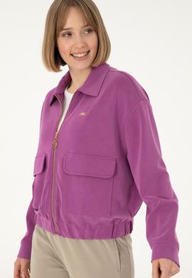 Kadın Menekşe Modal Karışımlı Fermuarlı Polo Yaka Sweatshirt - 50292358024