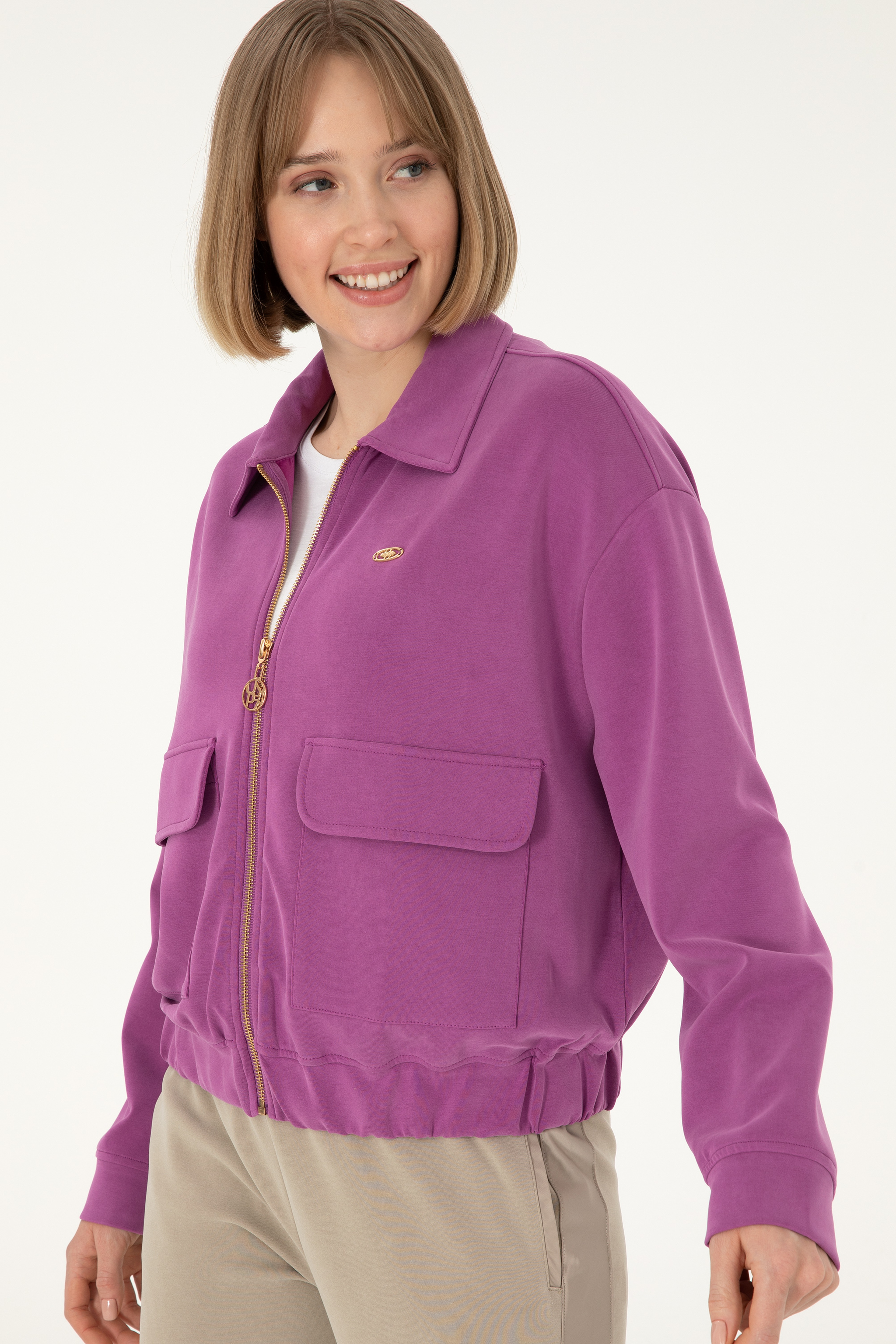 Kadın Menekşe Modal Karışımlı Fermuarlı Polo Yaka Sweatshirt - Image 3