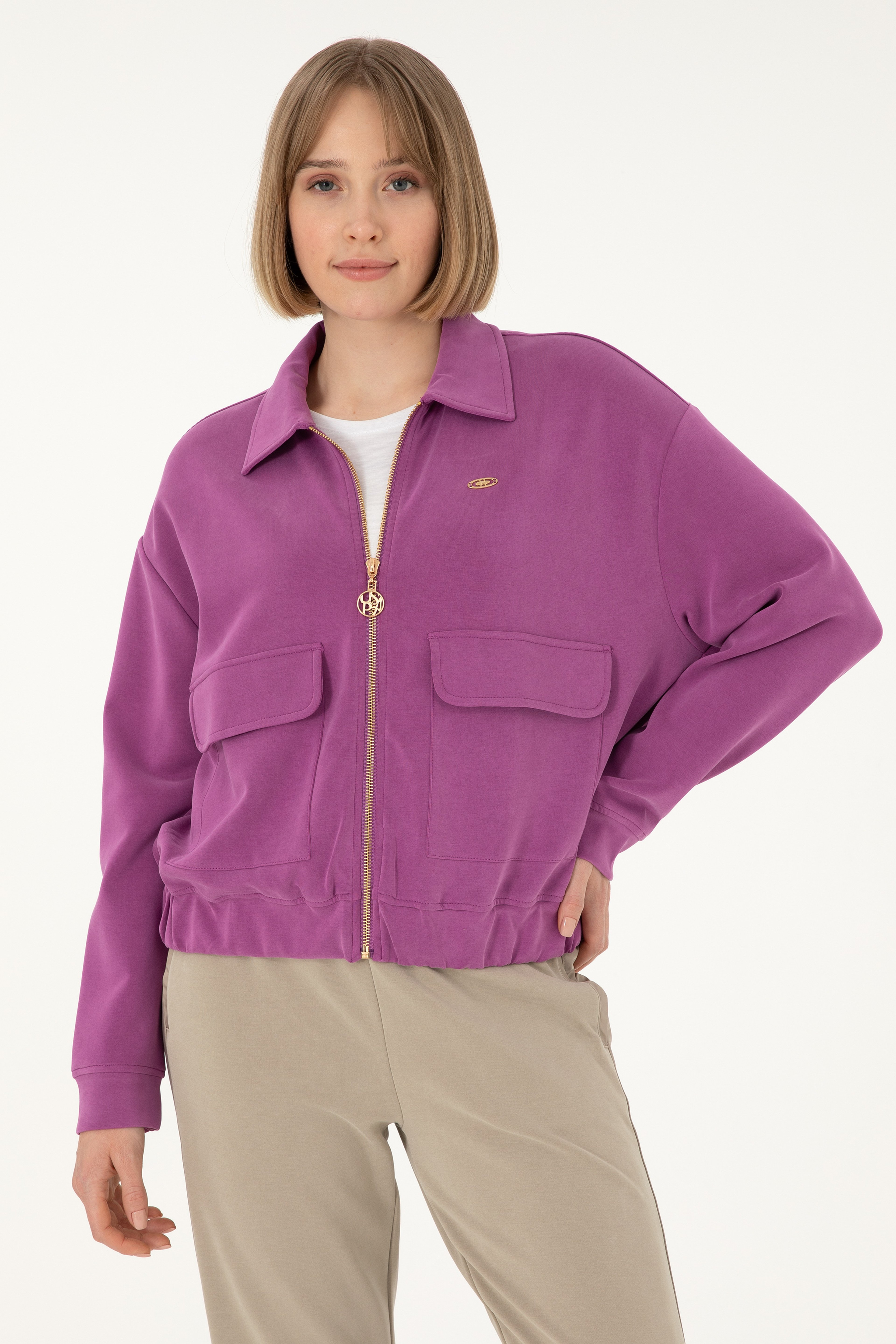 Kadın Menekşe Modal Karışımlı Fermuarlı Polo Yaka Sweatshirt - Image 1