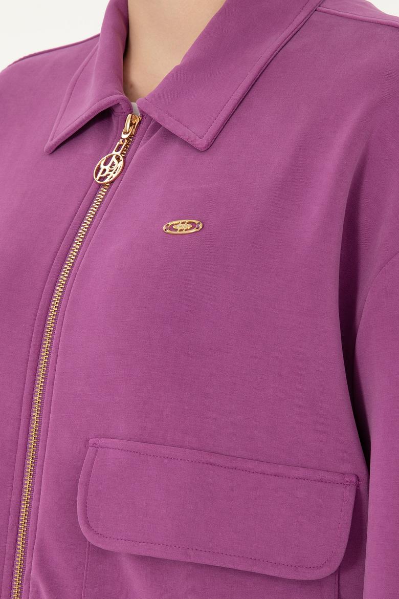 Kadın Menekşe Modal Karışımlı Fermuarlı Polo Yaka Sweatshirt - 50292358024