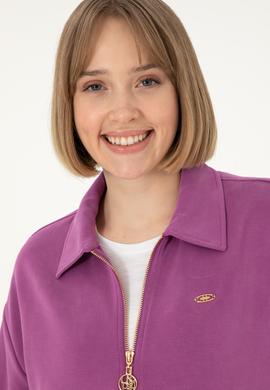 Kadın Menekşe Modal Karışımlı Fermuarlı Polo Yaka Sweatshirt - 50292358024