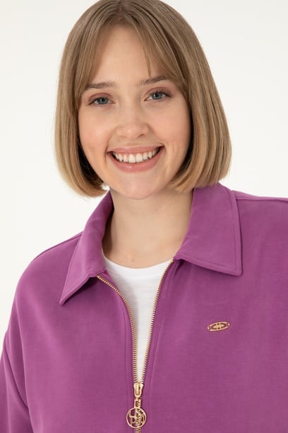Kadın Menekşe Modal Karışımlı Fermuarlı Polo Yaka Sweatshirt