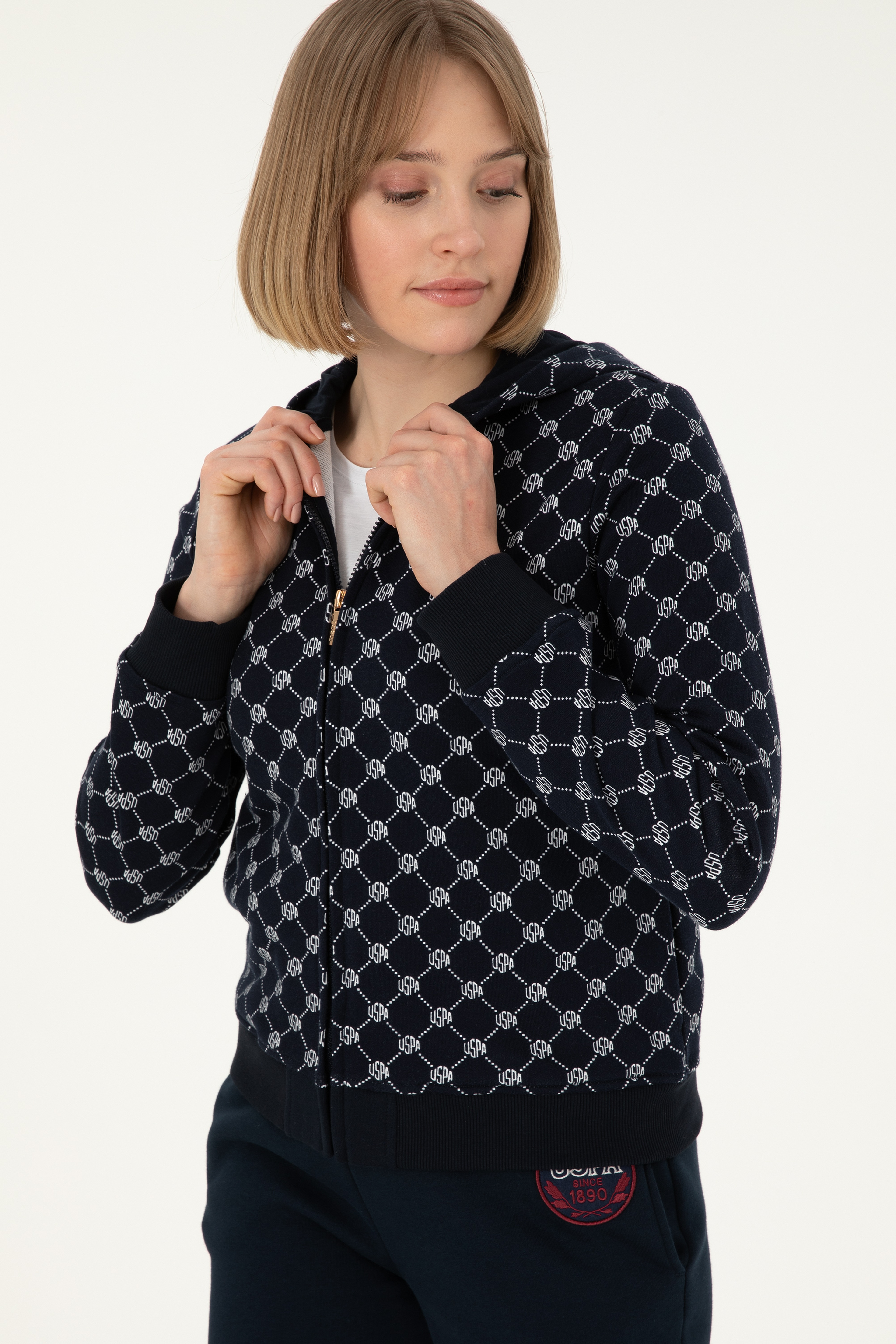 Kadın Desenli Lacivert Kapüşonlu Sweatshirt