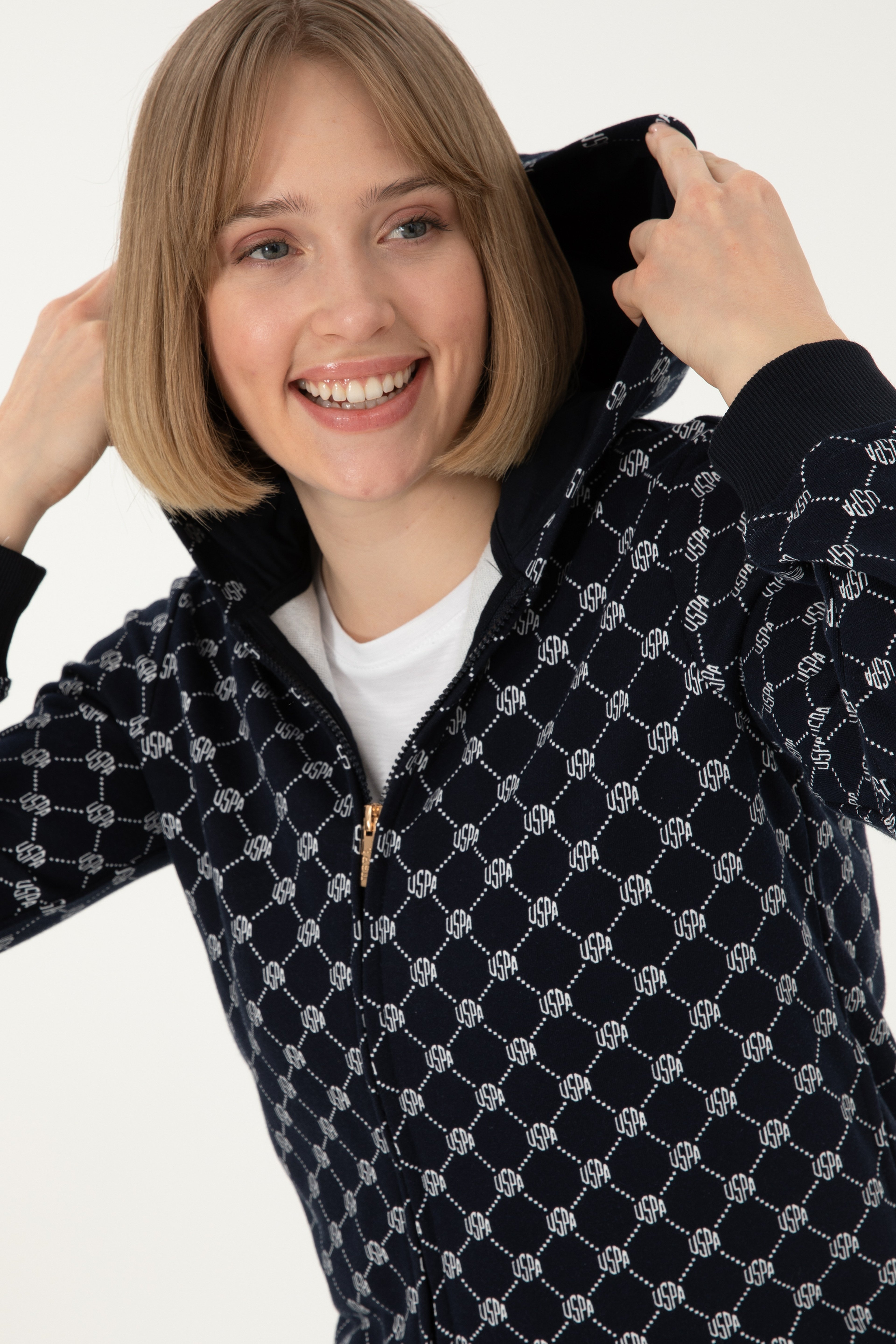 Kadın Desenli Lacivert Kapüşonlu Sweatshirt