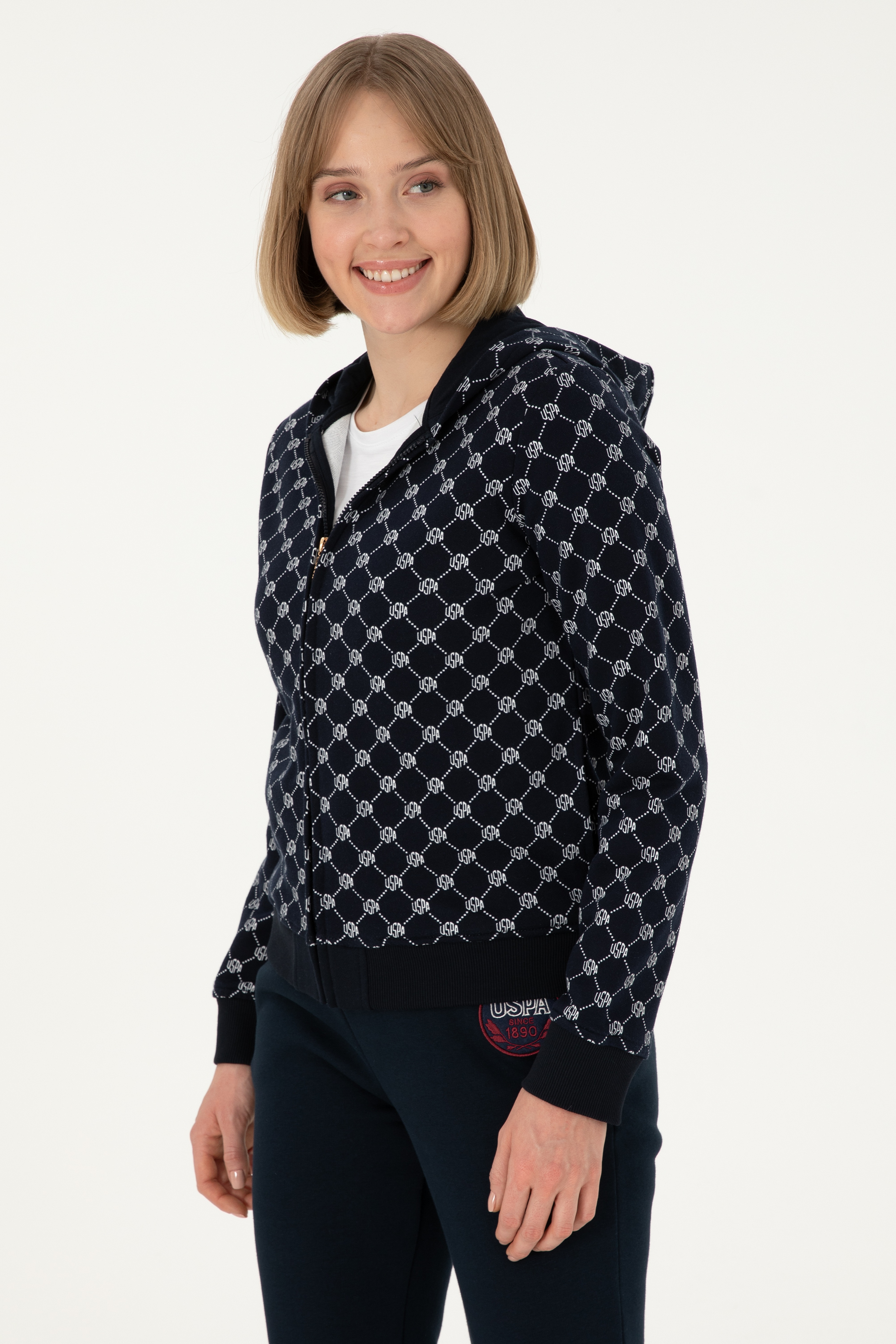 Kadın Desenli Lacivert Kapüşonlu Sweatshirt - Image 1