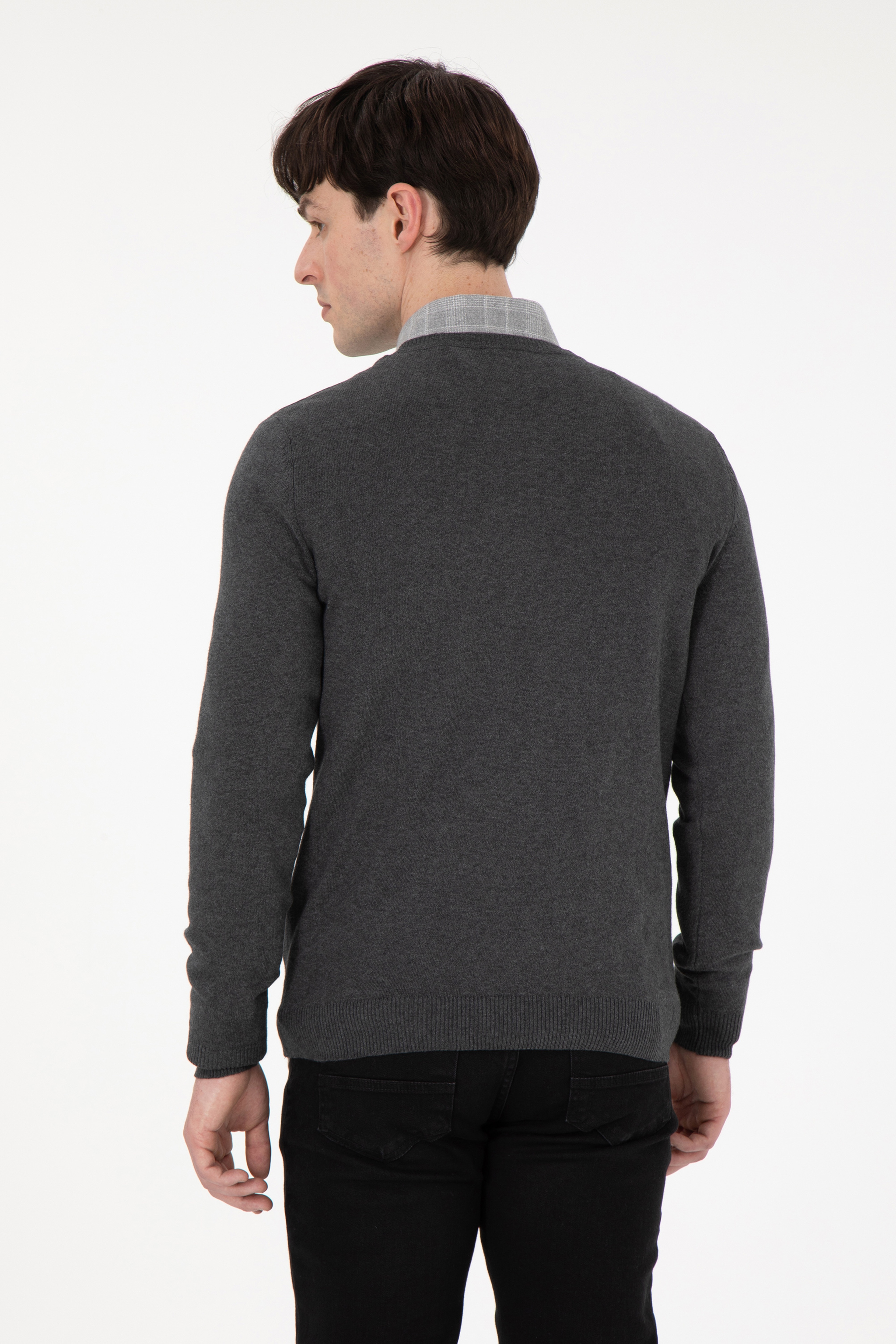 Erkek Slim Fit V Yaka Antrasit Melanj Basic Kazak